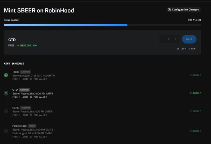 A "Mint $BEER on RobinHood" page shows 627 of 1,000 items minted, with the GTD phase currently active and only 16 mints remaining out of a limit of 25 per wallet. The mint schedule indicates the Team and GTD phases have started, while FCFS and Public stages remain upcoming, supporting the claim that there are limited mints left in the GTD phase.