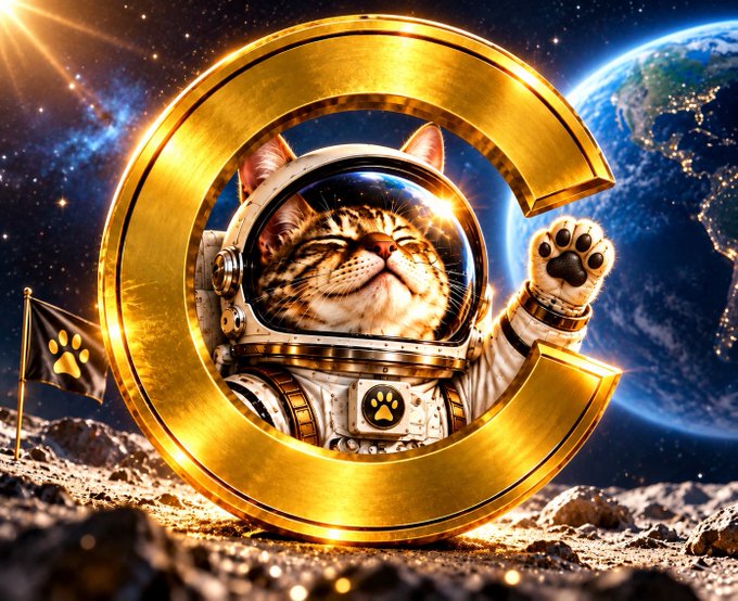 A space-themed digital artwork of a tabby cat in an astronaut suit waving from inside a large golden letter 'C' on a lunar surface, with Earth visible in the background.