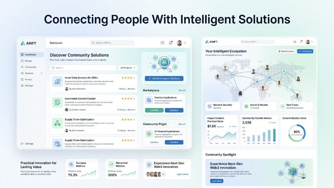 The image shows a dashboard interface for "AINFT," featuring a "Discover Community Solutions" section that lists tools like Smart Data Analysis for SMEs, Automated Content Creator, and Supply Chain Optimization, alongside an "Intelligent Ecosystem" map displaying Impact Created of $1.5K and Community Growth Metrics of 3,538, visually supporting the post's message about connecting people through innovative digital solutions.