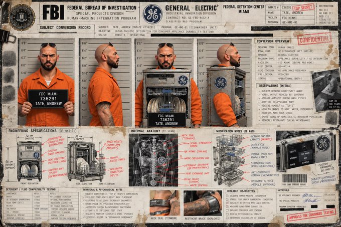 A detailed, mock FBI 'Subject Conversion Record' dossier featuring mugshots of a bearded man holding an 'FSC MIAMI' sign, alongside schematics, observations, and research notes for a General Electric product.