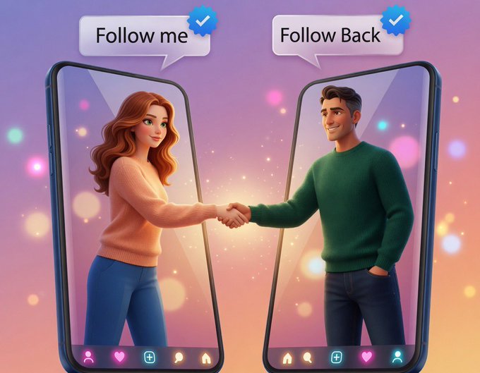 Digital artwork of a woman and man shaking hands through their phone screens with 'Follow me' and 'Follow Back' speech bubbles indicating a social media interaction.