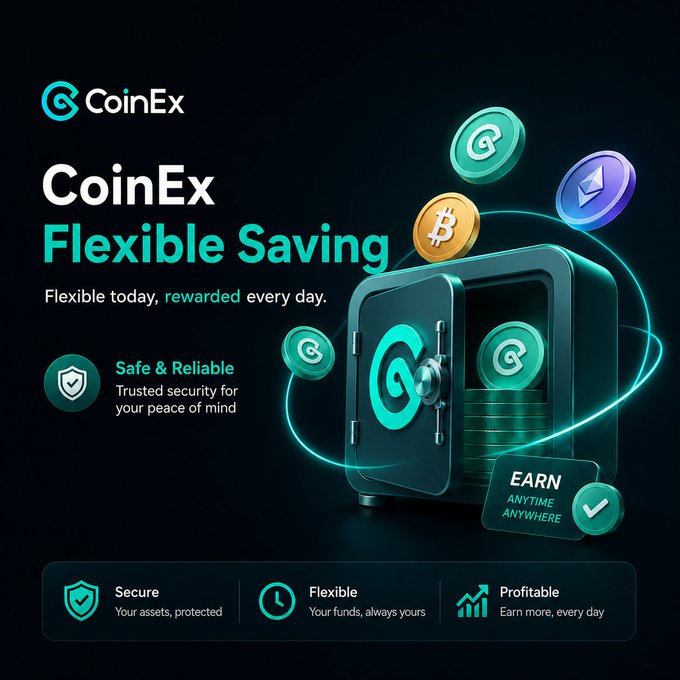 The image features a green safe filled with coins, surrounded by various coins of different colors including blue, red, yellow, and purple. The text "CoinEx Flexible Savings" is displayed above the safe, indicating that this is an advertisement for CoinEx Flexible Savings. The main focus of the post is to promote the flexibility offered by CoinEx Flexible Savings, which allows users to optimize their assets through flexible earning opportunities without sacrificing accessibility or security.