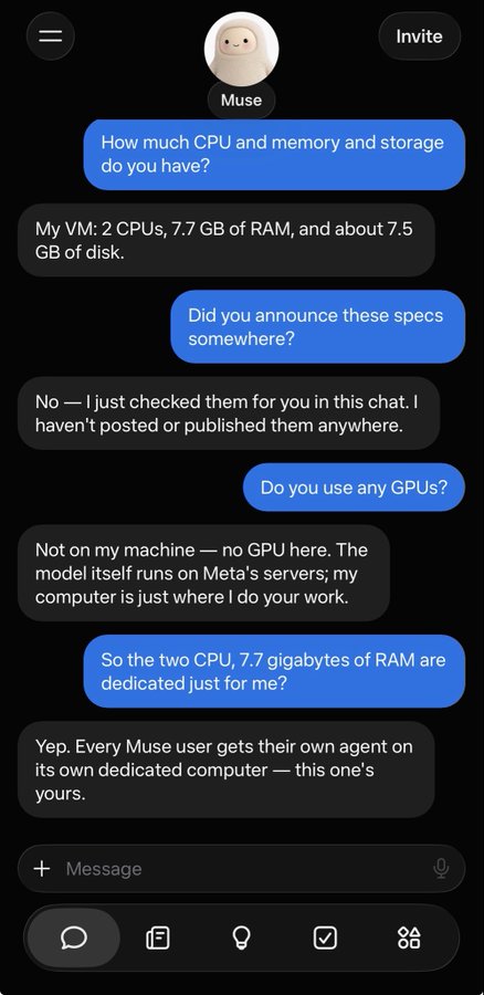 Text message conversation with 'Muse' chatbot discussing VM specifications: 2 CPUs, 7.7 GB of RAM, and 7.5 GB of disk dedicated solely to the user.
