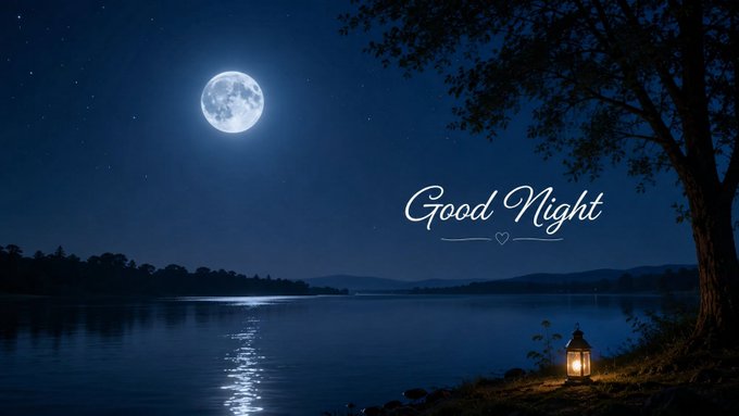 A serene nighttime scene shows a glowing full moon reflecting over a calm lake beside a lantern-lit tree, with the cursive text "Good Night" accompanied by a small heart. The peaceful "good night" greeting visually contrasts with the unrelated daytime crypto project promotion in the post, creating an odd mismatch between the image's tranquil message and the promotional content about PHARC's NFT launch.