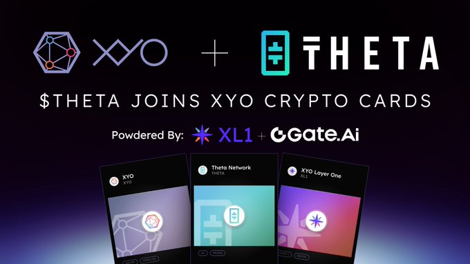 Promotional graphic announcing that $THETA has joined XYO crypto cards, powered by XL1 and Gate.AI, showing three digital cards for XYO, Theta Network, and XYO Layer One.