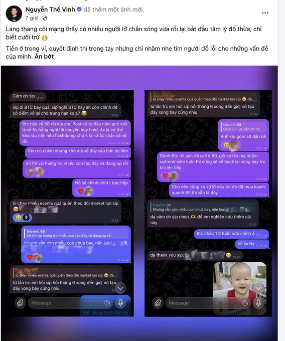 A Facebook post by Nguyễn Thế Vinh shares two screenshots of Messenger conversations featuring Coin98 discussing a potential Bitcoin correction to the 60K-69,999 range, with the poster questioning whether BTC will dip as predicted or continue rising without correction.