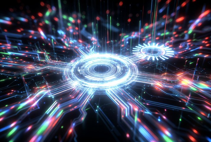 The image features a futuristic scene of a network of interconnected lines, predominantly blue and green, radiating outwards from a central point. The lines appear to be glowing with an ethereal light, creating a sense of depth and dimensionality. In the background, there are two circles that seem to be floating in space, adding to the overall surreal atmosphere of the image. The caption above the image reads: "Watching @NomismaNetwork push mainnet readiness and @TheARCTERMINAL keep expanding their AI agent capabilities".