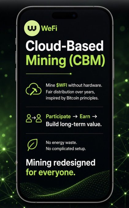 A smartphone screen displaying a WeFi promotional page for 'Cloud-Based Mining (CBM),' with text 'Mine $WFI without hardware,' 'No energy waste,' and 'Mining redesigned for everyone.'
