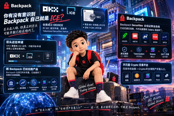 A promotional graphic for Backpack, a global asset trading gateway, featuring a 3D animated character sitting on a briefcase, showcasing partnerships with OKX and ICE, SEC registration, and support for assets including HOOD, MSTR, MU, SNDK, and SPCX, with the tagline "One Account All Assets Global Access."