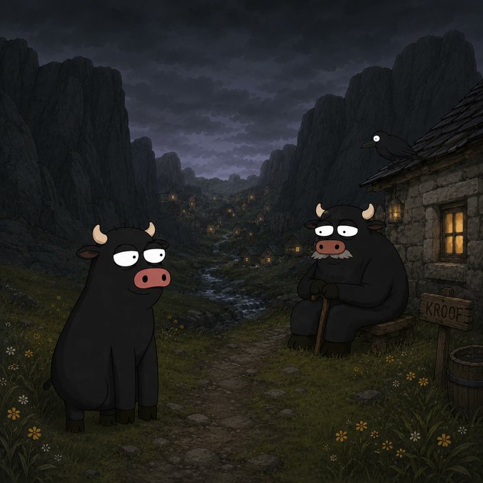 A dark, moody illustration in a cartoon style showing two wide-eyed black creatures resembling bulls or cows on a path near a stone house, with a sign reading 'KROOF', a black crow on the roof, and a distant village with glowing windows.