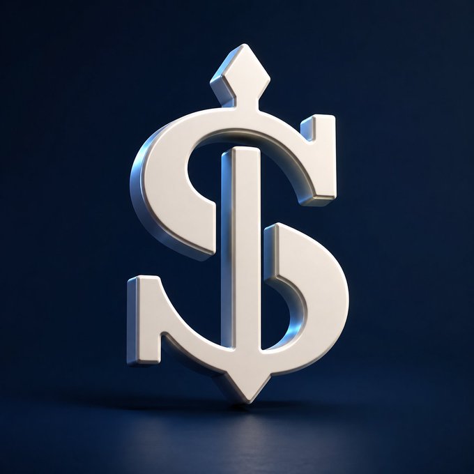 A 3D rendered white dollar sign with an upward-pointing arrow on top of the 'S' against a dark navy blue background.