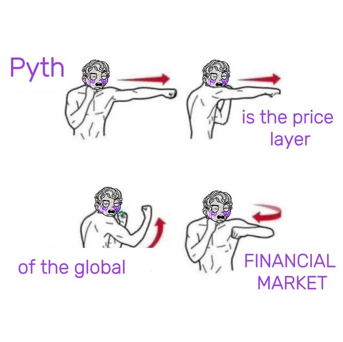 Meme image with crying sobbing cartoon figures in a sequence, containing text fragments: 'Pyth', 'is the price layer', 'of the global', 'FINANCIAL MARKET.'
