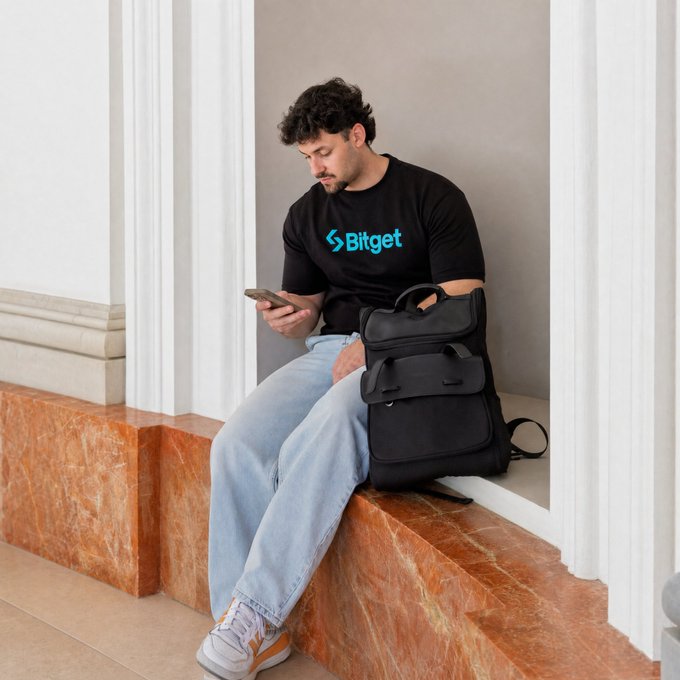 A young man wearing a black "Bitget" t-shirt and light jeans sits on a marble ledge, focused on his phone with a black backpack beside him—capturing the "always on the charts" lifestyle of staying connected to crypto markets on the go.