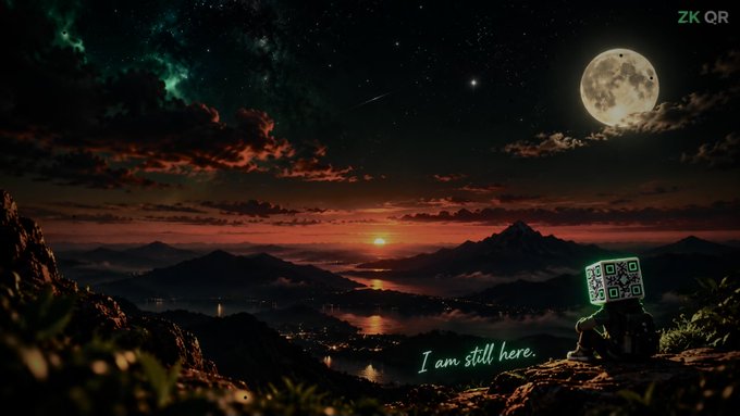 Fantasy landscape illustration at sunset with a full moon, featuring a figure with a QR code for a head and text reading 'I am still here.' branded with 'ZK QR'.