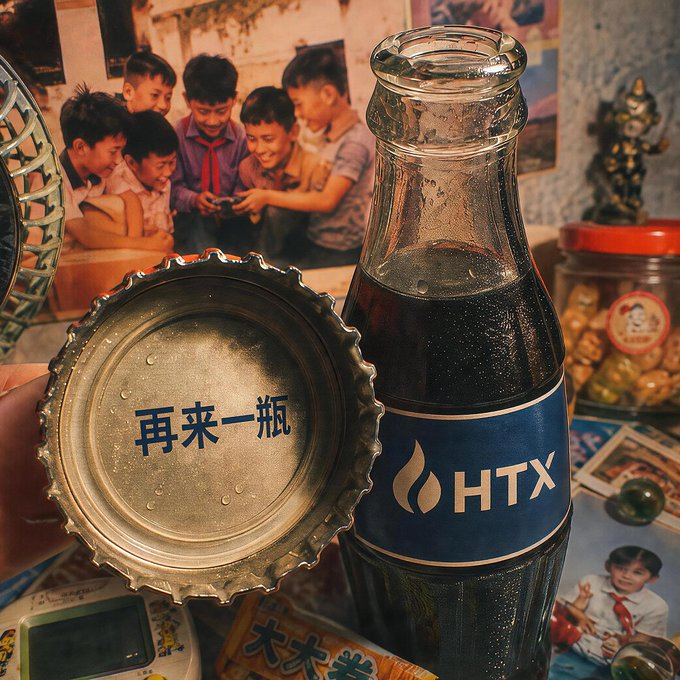 A nostalgic scene featuring a glass bottle with "HTX" on its blue label and a metal bottle cap inscribed with Chinese characters "再来一瓶" (one more bottle), set against vintage photographs of children.