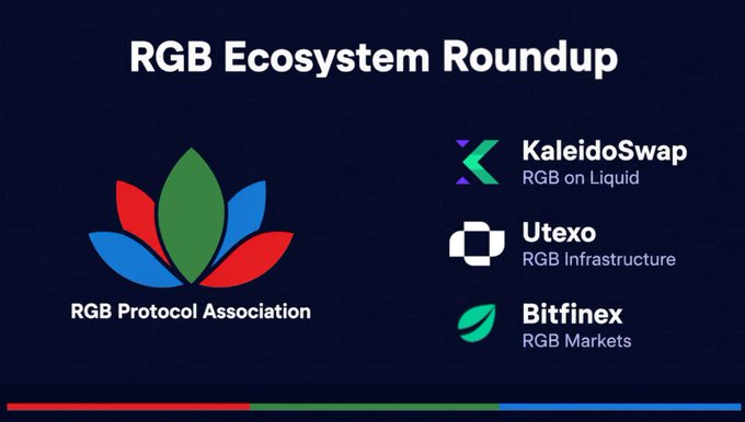'RGB Ecosystem Roundup' slide featuring the RGB Protocol Association logo alongside logos for KaleidoSwap (RGB on Liquid), Utexo (RGB Infrastructure), and Bitfinex (RGB Markets).