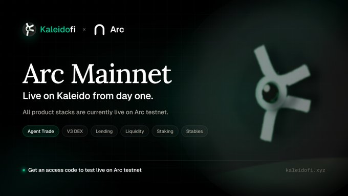 A promotional graphic for 'Arc Mainnet' on Kaleidofi featuring the Arc logo, with text 'Live on Kaleido from day one' and tags including Agent Trade, V3 DEX, Lending, Liquidity, Staking, and Stables.