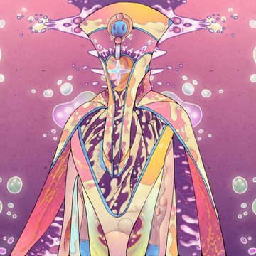 A psychedelic digital illustration of a tall, ornamental humanoid figure rendered in pastel rainbow colors with intricate patterns and bubble motifs on a purple background.