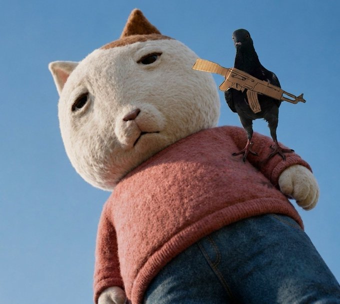 A CGI-rendered white cat character wearing a red sweater and jeans, with a black pigeon holding a gold AK-47 rifle perched on its shoulder, set against a clear blue sky.