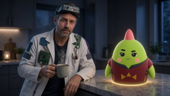 A man in a white lab coat with exposed circuit boards and a head-mounted device holds a coffee mug next to a glowing green Sleepagotchi character with a red bowtie on a kitchen counter.