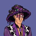 A chibi-style pixel artwork of a character with long purple hair, a black hat, and a purple outfit with white skull patterns.