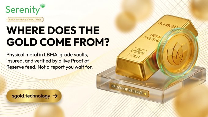 A Serenity RWA Infrastructure advertisement asking 'WHERE DOES THE GOLD COME FROM?' featuring a 1kg gold bar and gold coin on a Proof of Reserve display, with link sgold.technology.