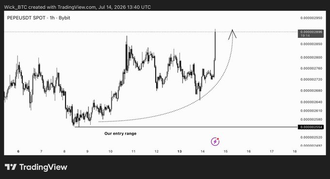A TradingView candlestick chart of 'PEPEUSDT SPOT · 1h · Bybit' showing a curved trajectory from an 'Our entry range' pointing to a target of 0.000003896.