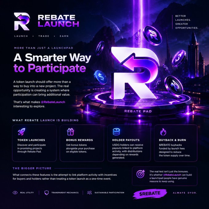 A neon-styled “REBATE LAUNCH” promotional graphic describes “A Smarter Way to Participate” and lists token launches, bonus rewards, holder payouts, and buyback & burn.