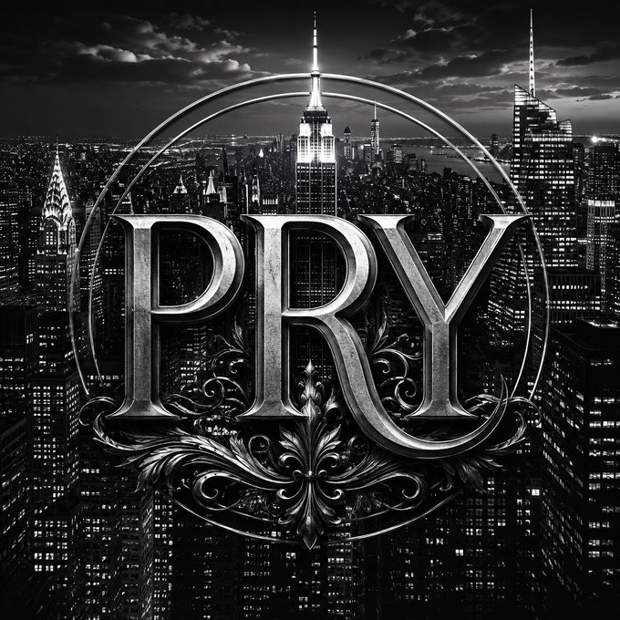 A black and white graphic design featuring large, ornate metallic letters spelling 'PRY' set against a nighttime cityscape of New York, including the Empire State Building and Chrysler Building.
