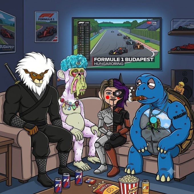A cartoon illustration of four characters (a white-haired ninja, a multi-eyed pink creature, a cyborg girl, and a blue turtle named 'WAGMI') watching 'FORMULE 1 BUDAPEST HUNGARORING' on TV with popcorn and energy drinks.