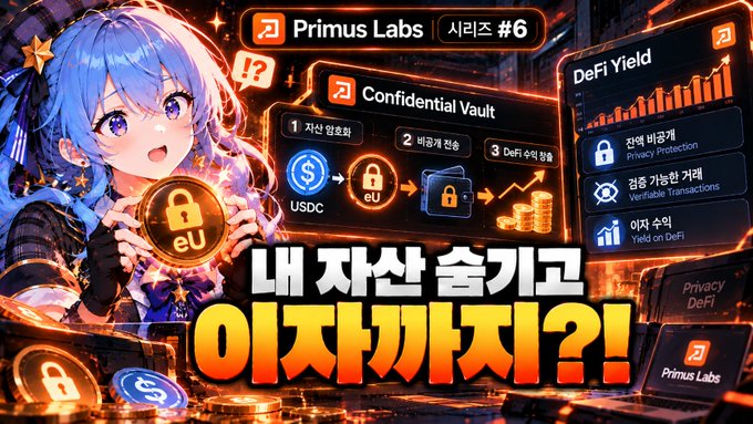 An anime-style character holds a glowing "EU" lock token beside a "Primus Labs Series #6" infographic showing a "Confidential Vault" flow converting USDC to locked assets for "DeFi Yield" with privacy protection.

Key text: "Primus Labs 시리즈 #6," "Confidential Vault," "1 자산입출하 / 2 비공개 전송 / 3 DeFi 수익 창출," "DeFi Yield - Privacy Protection / Verifiable Transactions / Yield on DeFi," and the headline "내 자산 숨기고 이자까지?!"

The visual reinforces the post's theme by illustrating Primus Labs' confidential vault system that enables private asset transfers and verifiable DeFi yield earnings.