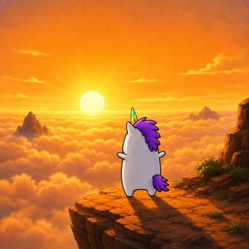 A small cartoon unicorn with a purple mane stands on a cliff edge, gazing out over a vast sea of clouds at a glowing sunset, evoking a sense of hopeful possibility. The whimsical, dreamy scene visually echoes the post's optimistic message about the $BILLIE meme coin's potential to ignite a billion-dollar movement.