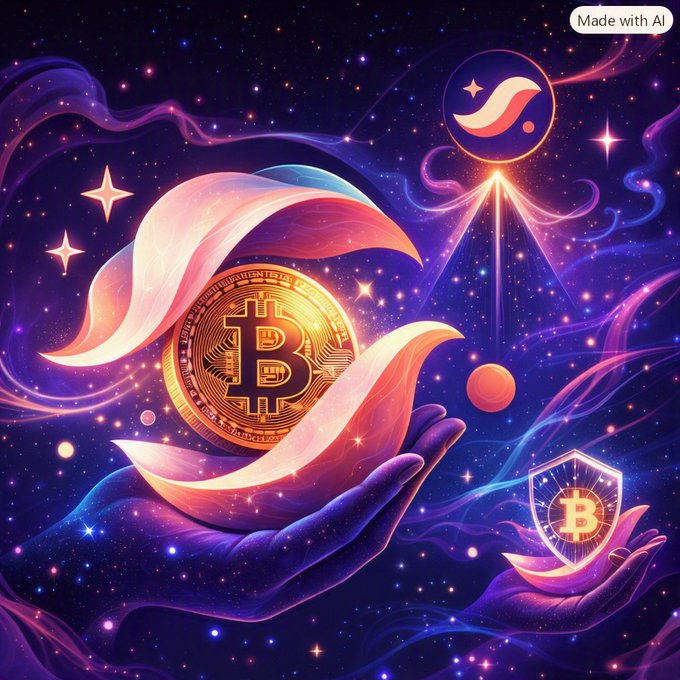 A vibrant cosmic digital artwork showing hands holding a large Bitcoin coin amid swirling purple and pink nebulae, stars, and an "S" logo, marked "Made with AI" in the corner.