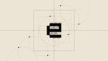 The image features an illustration of a square with a circle inside, surrounded by smaller circles. The letters "E" are prominently displayed within this design. The background of the image is white, which contrasts with the black elements of the illustration. The text in the image reads "Brand identity for a protocol built on Tempo Chain Editorial direction Built for a DEX that needed to feel like it belonged in a different era."
