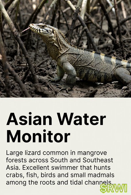 An Asian Water Monitor lizard with its tongue extended stands among mangrove roots and mud. The infographic-style image includes text reading "Asian Water Monitor - Large lizard common in mangrove forests across South and Southeast Asia. Excellent swimmer that hunts crabs, fish, birds and small madmals among the roots and tidal channels," with the SRWI logo, promoting the $RWI token's mangrove conservation efforts through TreeGens.