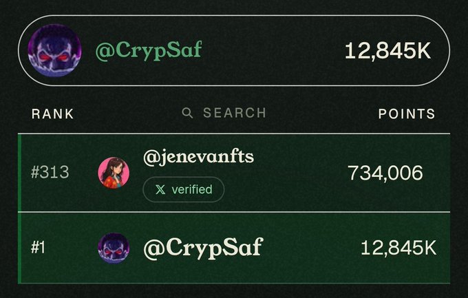 A leaderboard screenshot shows @CrypSaf holding the #1 spot with 12,845K points, far ahead of #313 @jenevanfts (verified) at 734,006 points, reflecting the speaker's current success in the vouching grind they mention being exhausted over.