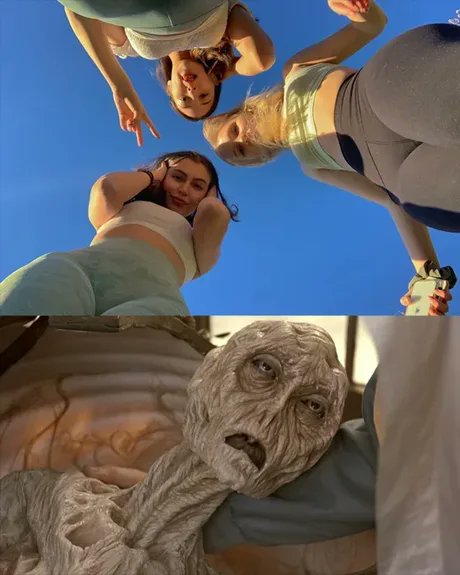 A two-panel image: the top shows four young women in athletic wear taking a selfie from a low angle against a blue sky, while the bottom shows a grotesque creature from the show Stranger Things.
