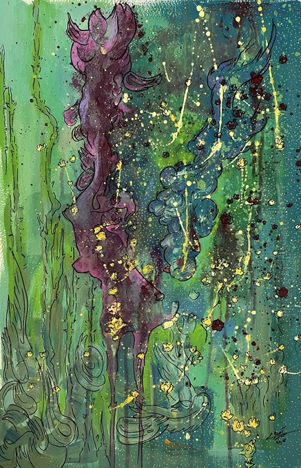 An abstract mixed-media artwork features swirling purple and green forms with dripping yellow and dark paint splatters across the canvas.