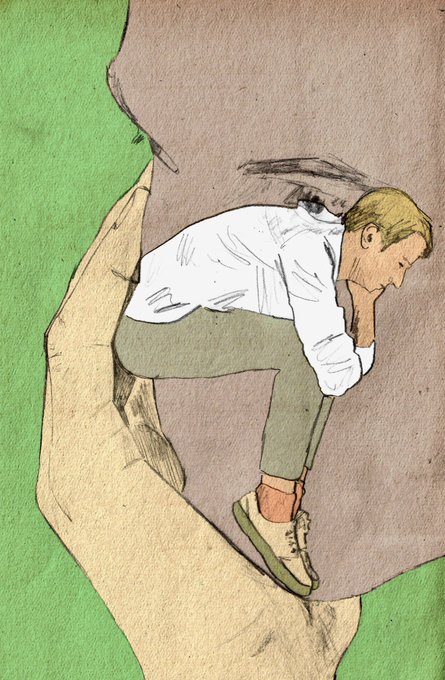 An artistic illustration with a green watercolor background depicts a person in a white shirt and tan pants leaning against a large, abstract tan shape, rendered in a sketchy, muted style.