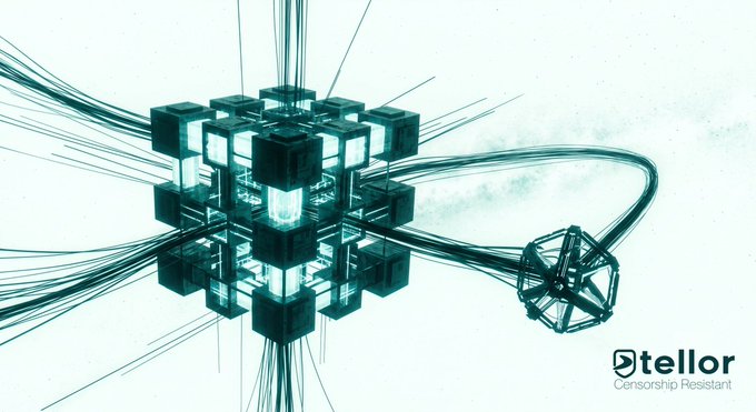 A stylized teal-toned 3D illustration shows a cluster of interconnected cubes at the center with cables extending outward to a spherical node, evoking a blockchain or data network, alongside the "tellor Censorship Resistant" logo in the bottom right. The imagery of linked nodes and freely extending connections visually reinforces the message about Tellor's open, permissionless access to decentralized data feeds—no API key or contract required.