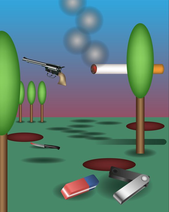 A surreal digital artwork featuring a levitating revolver, a floating cigarette, and a knife in a stylized landscape with trees and red holes, visually evoking a crime scene mystery. The image aligns with the theme of "Who is guilty?" as it presents symbolic clues—a gun, a knife, and a cigarette—suggesting an unsolved whodunit scenario.