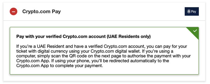 A Crypto.com Pay checkout option for UAE Residents, instructing users to pay for their ticket using digital currency from their Crypto.com digital wallet by scanning a QR code.