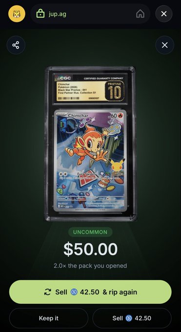 A jup.ag app screen showing a graded CGC Pristine 10 Chimchar Pokémon card valued at $50.00, with options to sell for 42.50 SOL or keep it.