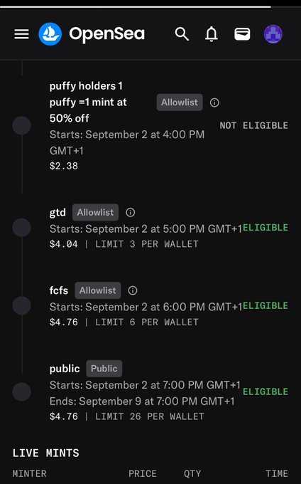An OpenSea screenshot showing minting phases including "puffy holders 1" at $2.38, "gtd" at $4.04, "fcfs" at $4.76, and "public" at $4.76, starting September 2.