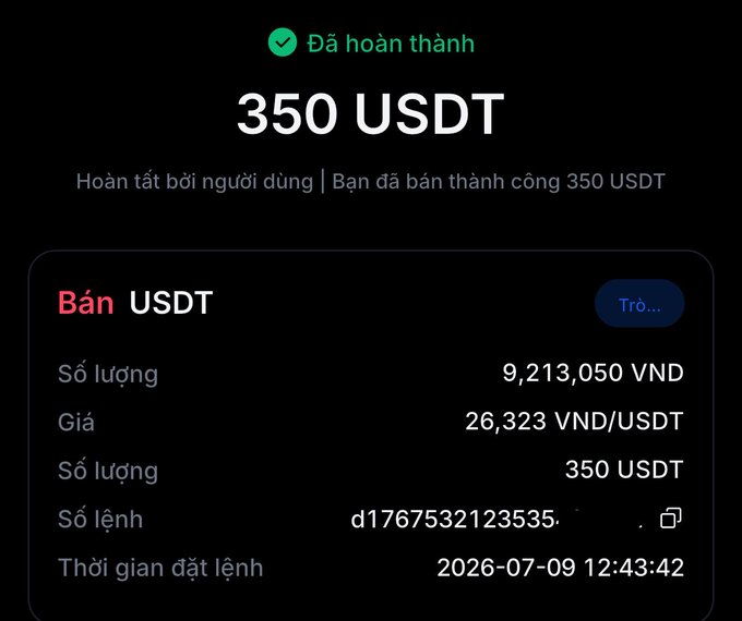 Vietnamese-language mobile app screen showing a completed transaction ('Đã hoàn thành') for selling 350 USDT at a rate of 26,323 VND/USDT, receiving 9,213,050 VND, dated 2026-07-09.