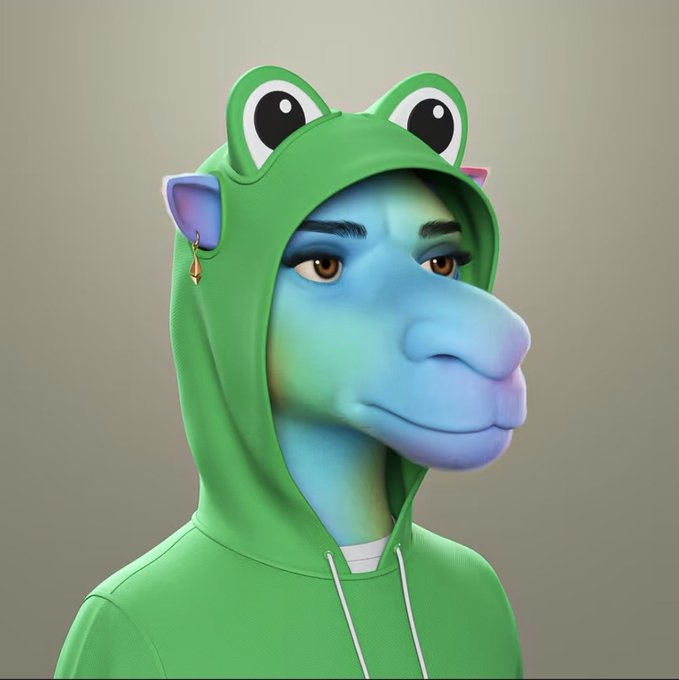 A 3D-rendered character with blue-green reptilian features wearing a green frog-themed hoodie with large cartoon eyes on top.