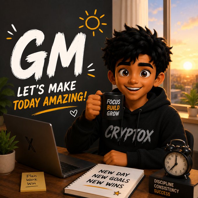 A 3D animated illustration of a young man wearing a 'CRYPTOX' hoodie, holding a mug that reads 'FOCUS BUILD GROW', seated at a desk with motivational text 'GM LET'S MAKE TODAY AMAZING!' and a notepad reading 'NEW DAY NEW GOALS NEW WINS'.