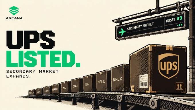 An advertisement graphic from Arcana announcing 'UPS LISTED' on the Secondary Market, showing UPS packages on a conveyor belt alongside boxes labeled with tickers (JBM, NFLX, etc.).