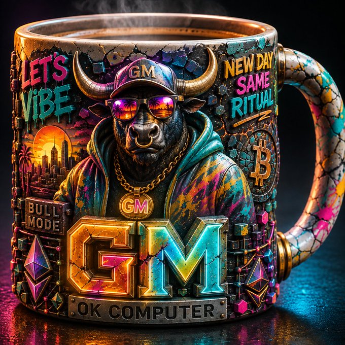 A colorful, graffiti-style coffee mug featuring a bull wearing sunglasses, a horned cap, and a gold chain, with text including "LET'S VIBE," "NEW DAY SAME RITUAL," "BULL MODE," "GM," and "OK COMPUTER," alongside a Bitcoin symbol.