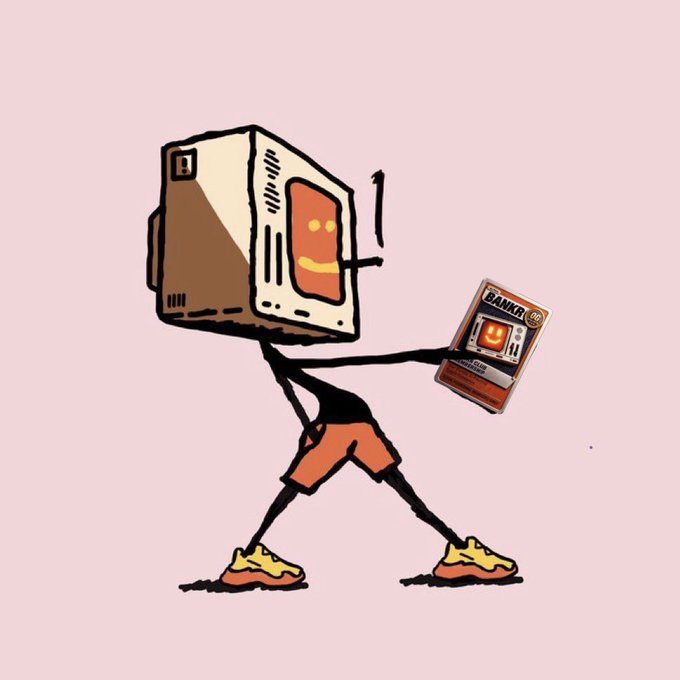 A digital drawing depicts a character with a computer monitor for a head holding a card labeled 'BANKER', wearing orange shorts and yellow sneakers against a pale pink background.